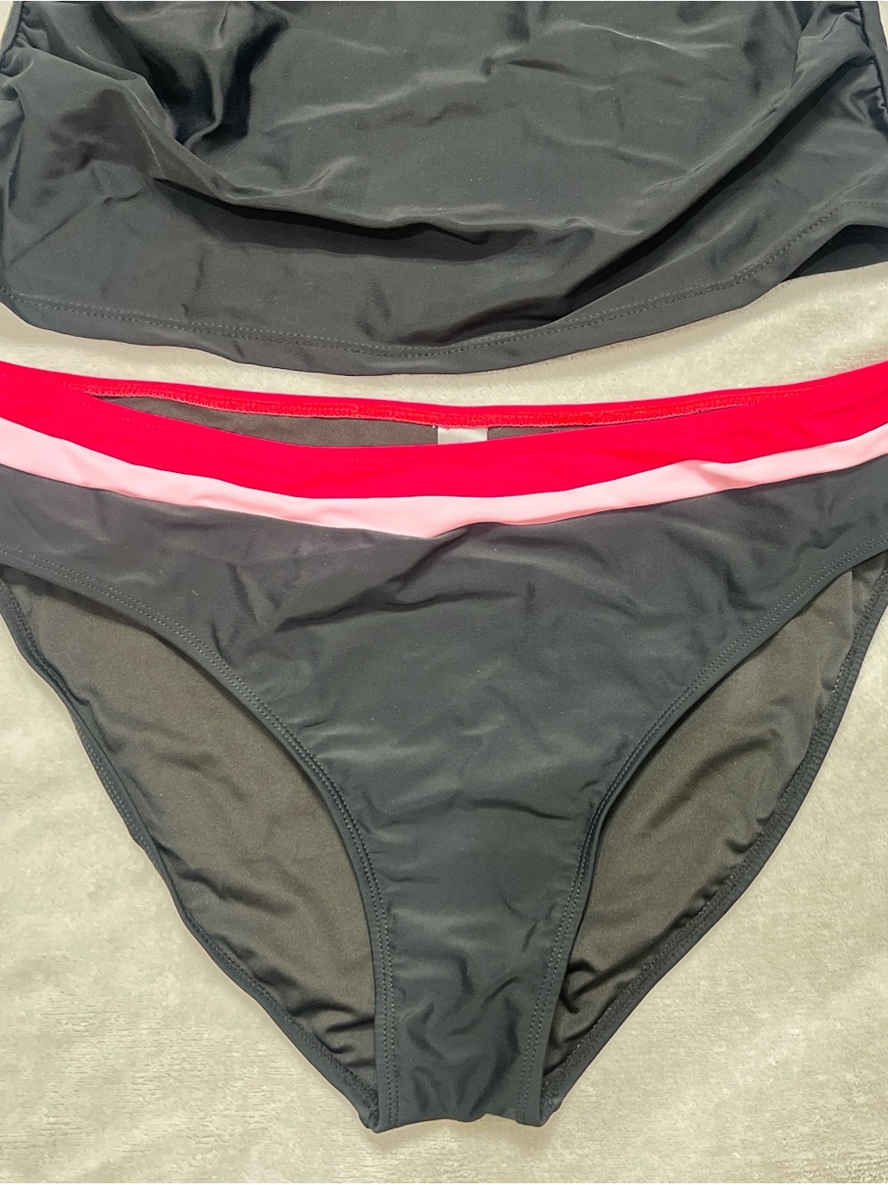 Amazon Women's Black Bikini Set with Hot Pink and Light Pink Bands - Picture 2 of 9